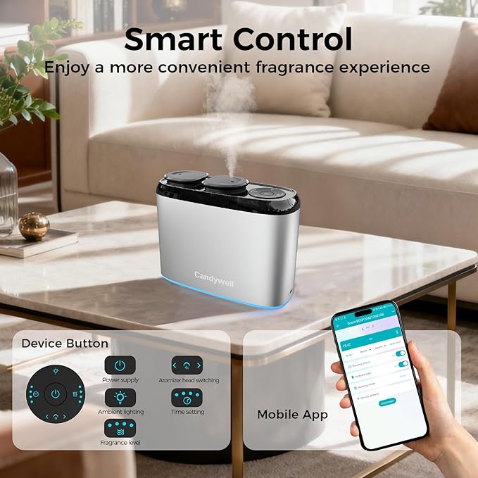 Dual-Scent Waterless Essential Oil Diffuser, Cold Air Diffuser for Home & Commercial Use, 1000 Sq Ft Coverage, APP Control, Quiet Operation, Night Light, Pet & Kid Friendly, Anti-Tilt Alarm
