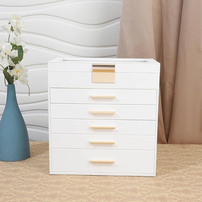 BOOVO Jewelry Box for Women, Black 6 Layer Large Jewelry Organizer with Glass Lid for Necklace, Bracelet, Earrings, Rings Storage, Jewelry Organizers and Storage for Womens Gift (Clear White, 6 layer)