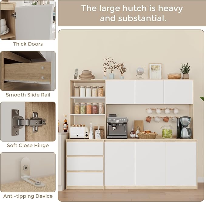 Large Kitchen Hutch Cabinet with Microwave Stand, Storage Cupboard Pantry with 3-Tier External Shelves and 3 Drawers, Ktichen Food Pantry with Open Countertop for Dining Room, White + Walnut