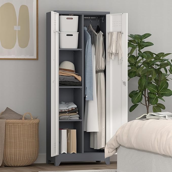 65" H Broom Closet Storage Cabinet, Garage Storage Cabinet with Adjust Shelves,Utility Cabinet,Utility Closet for Garage,Gray-White