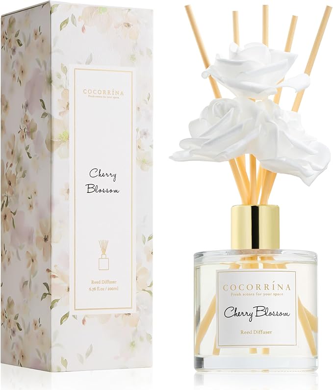 Cocorrína Reed Diffuser Set,6.7oz (200ml) Cherry Blossom Scented Diffuser with 3 White Rose Foam Flowers & Cotton Sticks, Home Fragrance Reed Diffuser for Bathroom Shelf Decor