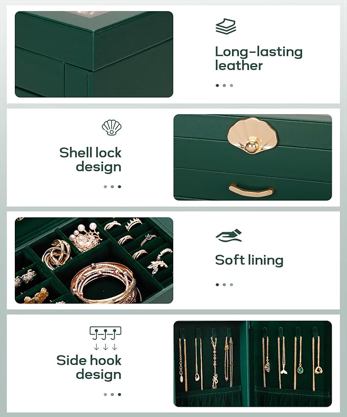 Jewelry Box with 3 Drawers: Display Organizer for Earrings Necklaces - Gifts for Girls Women (Forest Green)