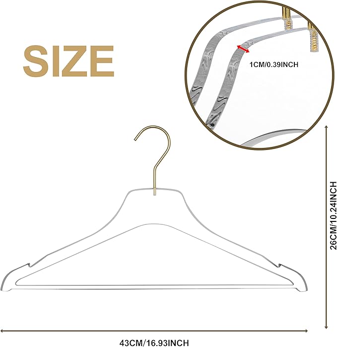 Quality Acrylic Clear Lucite Hangers 5-Pack with Gold Hanging Hooks for Clothes, Pants, Suit Jackets, Coats, and Shirts, Closet and Wardrobe Organization (Matte Gold Hook, 100)