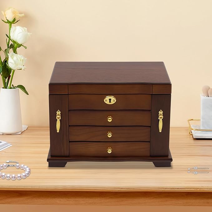 Large Wooden Jewelry Box with Mirror and Lock, 4 Layers Locking Jewelry Organizer, Watches Necklace Ring Storage Box for Women