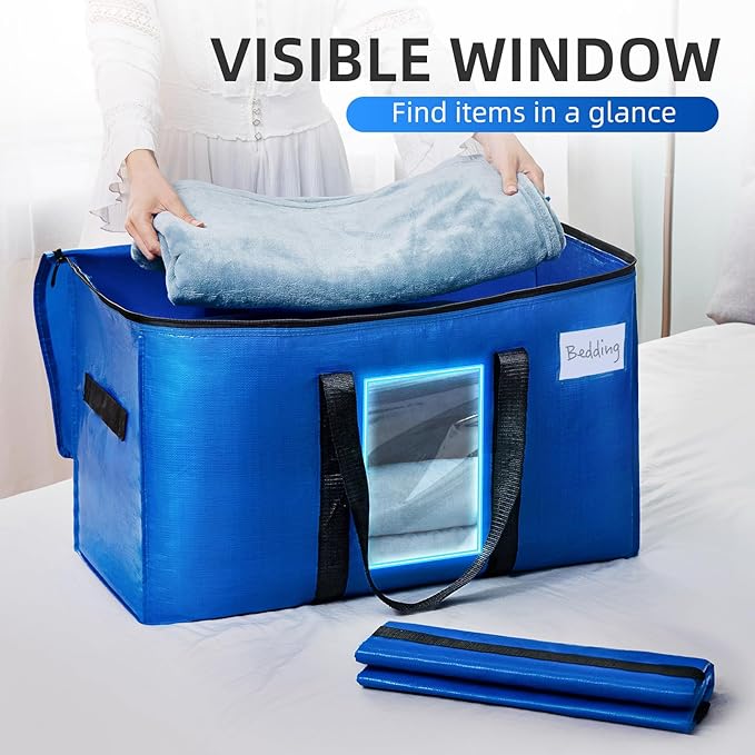 TAILI Extra Large Moving Bags, 2 Pack Blue Heavy Duty Totes for Storage with Visible Window, Wrap Around Handles, Storage Bags for Space Saving, Alternative to Moving Boxes
