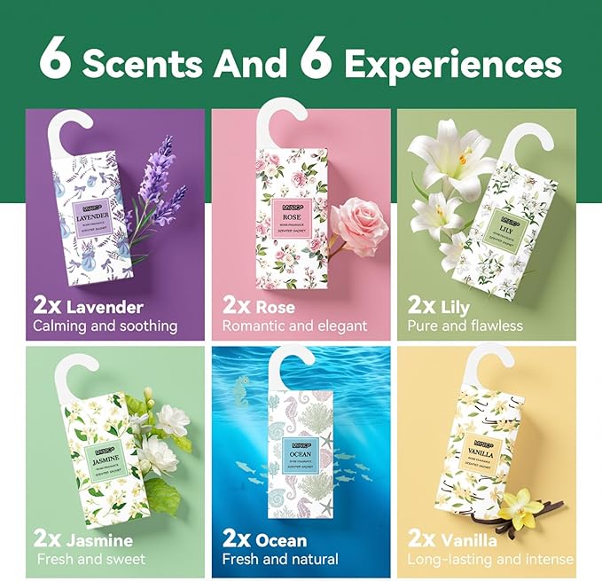 MYARO 12 Packs Large Sachets for Drawer & Closet Air Freshener Scent Potpourri Bag Long Lasting Deodorizer 6 Scents - Lavender, Rose, Jasmine, Ocean, Vanilla, Lily