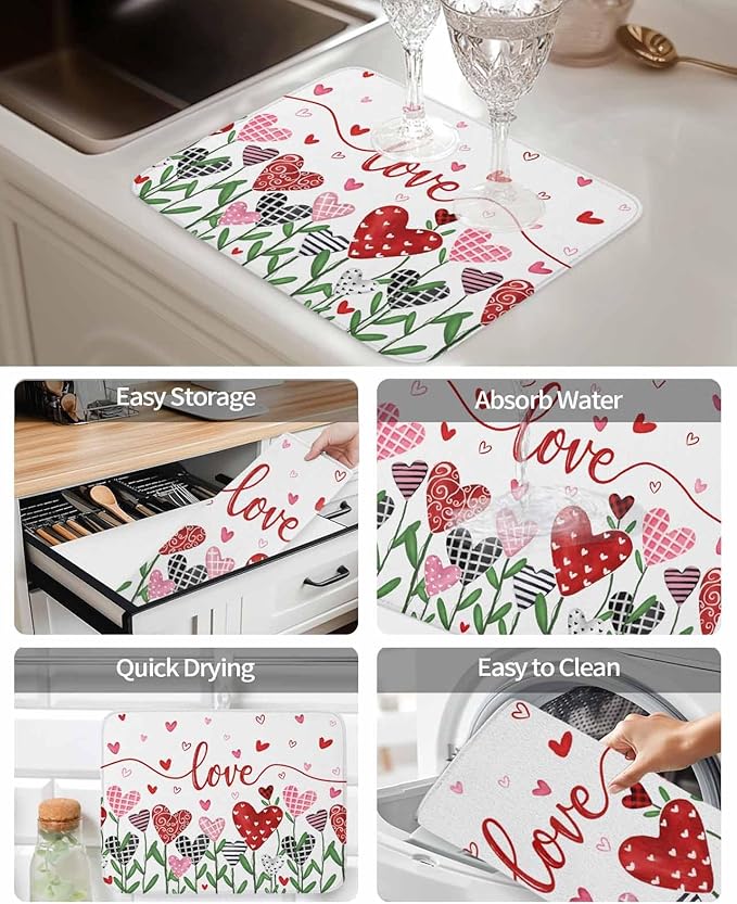Valentine's Day Dish Drying Mat for Kitchen Counter Pink Red Love Drying Pad Absorbent Drying Mats for Countertops Sinks Draining Racks Romantic Drainer Valentines Holiday Decorations 16x18 Inch