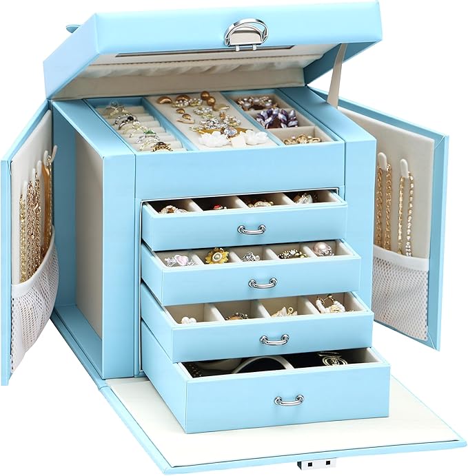 EnHomee Jewelry Box for Women, 5-Layer Large Jewelry Organizer with Mirror & 4 Drawers for Rings, Earrings, Necklaces, Bracelet Lockable Case with Lock (Blue + Silver)