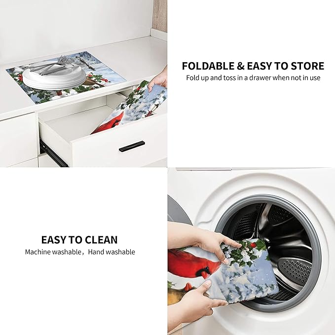 Winter Cardinal Birds Dish Drying Mat for Kitchen Counter Washable Dish Drying Racks Absorbent Reversible Microfiber Dishes Drying Pad Christmas Kitchen Accessories or Decor 16"x18"