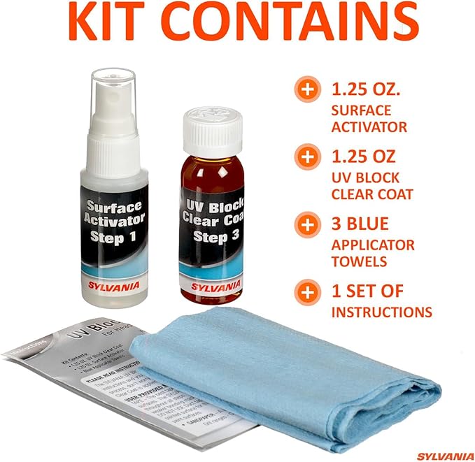 SYLVANIA - Headlight Restoration Essentials Kit - UV Block Clear Coat, Most Important Step to Restore Sun Damaged Headlights, Surface Activator, UV Protection for Clearer Headlights - 1 Fl Oz