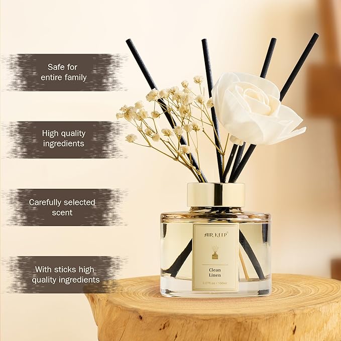 Airkeep Flower Reed Diffusers Set, 5.07 oz Clean Linen Scented Oil Diffuser with 8 Reed Sticks, Home Fragrance Diffuser Gift Set for Bathroom & Office Decor 150ml
