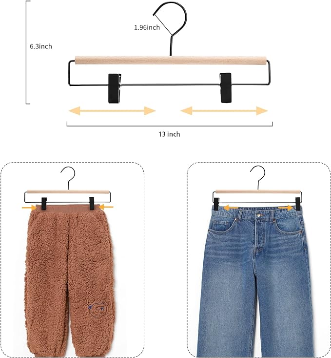 Nature Smile Deluxe Beech Wooden Pants Hangers Bottom Hanger Jeans Hanger Trousers Skirt Hanger with 2-Adjustable Black Matt Clips and Hook 20 Pack (Natural Wood+Black Metal)