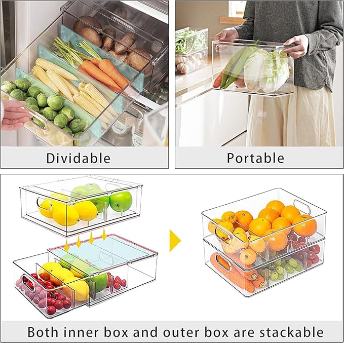 MineSign 2Pack Stackable Fridge Drawers Pull-Out Bins Divided Produce Saver Containers for Refrigerator Storage Organizers for Veggie Fruit Berry Pantry Cabinet Makeup Clothes