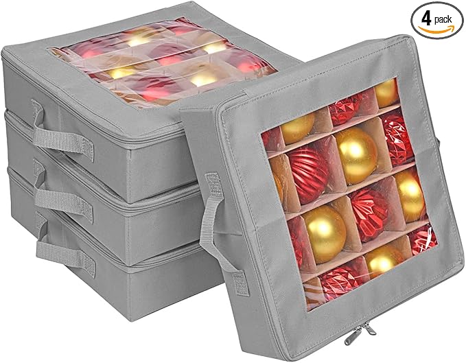 ProPik 4 Pcs Christmas Ornament Storage Boxes with Dividers, Transparent Top Zipper Closure, 4 Individual Ornament Holder Trays, Keeps 64 Holiday Ornaments, Ornament Organizer Storage Box (Gray)