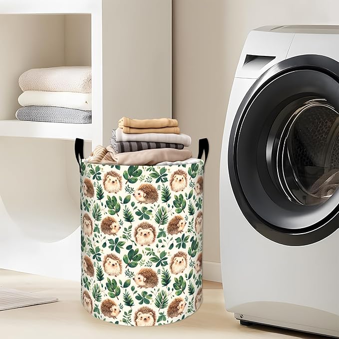 Cute Hedgehog with Green Leaf Laundry Basket with Handles, 19.7"x15.7" Clothes Foldable Forest Animal Laundry Hamper Organizer for Dorm Nursery Bedroom Bathroom Decor, Toy Storage Bin for Kids