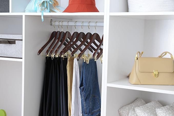 Quality Wooden Skirt Hangers with Clips - 20 Pack Walnut Pants Hangers with Adjustable Gold Metal Clips, Swivel Hook for Coats, Jackets, Blouses, Suits