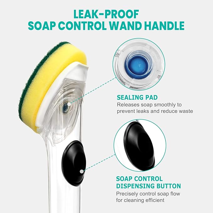 HELIME Dishwand Refills, Non-Scratch Replacement Sponge Heads for Dish Wand, Leak-Proof Handle with Heavy-Duty Scrubbers, Universal Compatible Soap Dispensing Brush for Kitchen, Bathroom Cleaning
