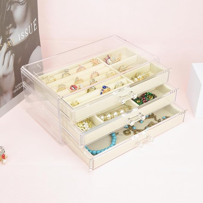 Weiai Acrylic Jewelry Box 3 Drawers, Velvet Jewellery Organizer, Earring Rings Necklaces Bracelets Display Case Gift for Women, Girls, Beige