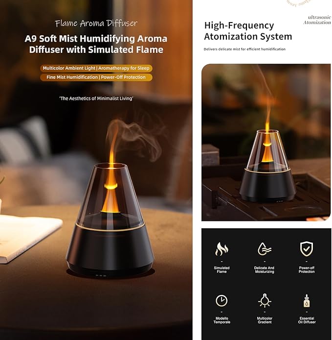 Ultrasonic Aroma Diffuser with Simulated Flame, 150ml, Timer and Auto-Off, LED Ambient Light (White)
