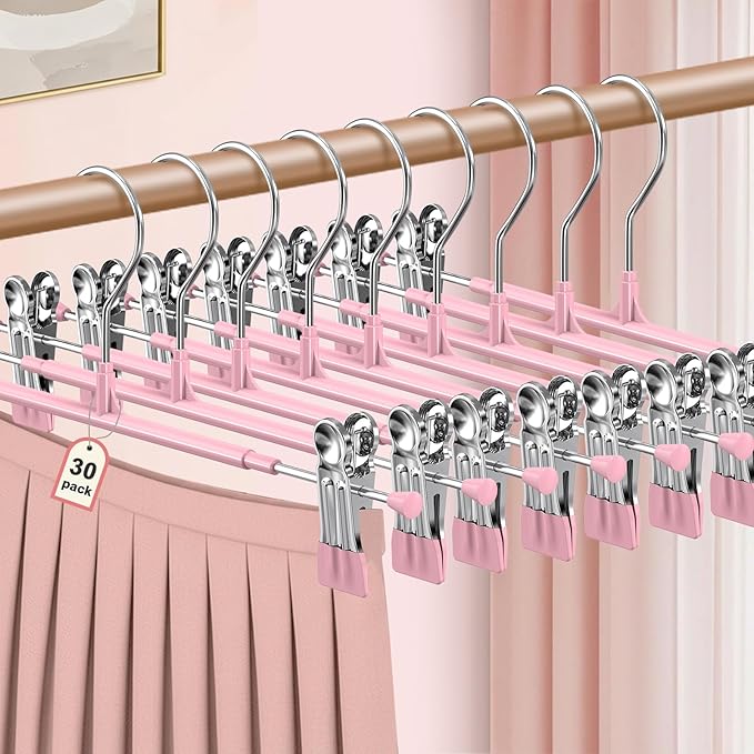 POZEAN Pants Hangers with Clips 30Pack, 12Inch Adjustable Skirt Hangers for Women, Space Saving Non-Slip Hangers for Shorts, Jeans, Coat, Kids' Clothes (Pink, 30Pack)
