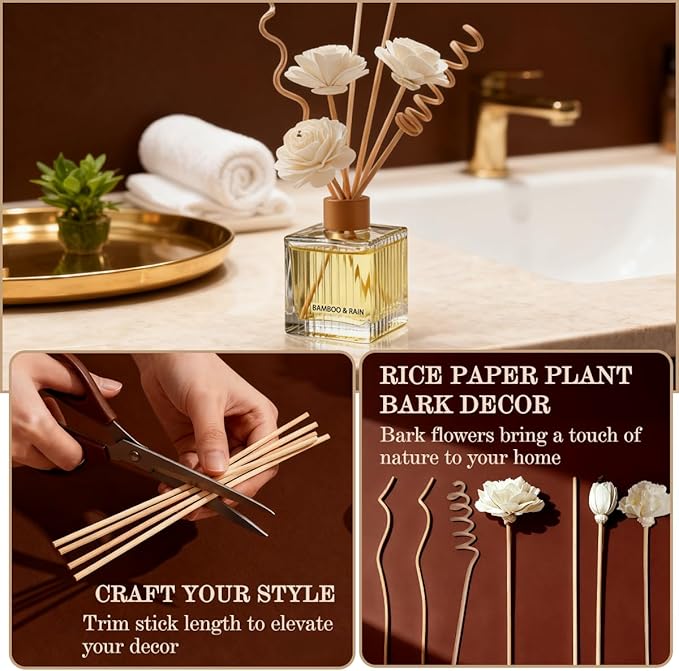 Jasmine Reed Diffuser Set - 6.7 oz Glass Bottle with 4 Rattan Sticks, 3 Dried Flowers | Adjustable, Long-Lasting Scent for Home, Bedroom, Living Room, Office, Bathroom | Aromatherapy Gift Set