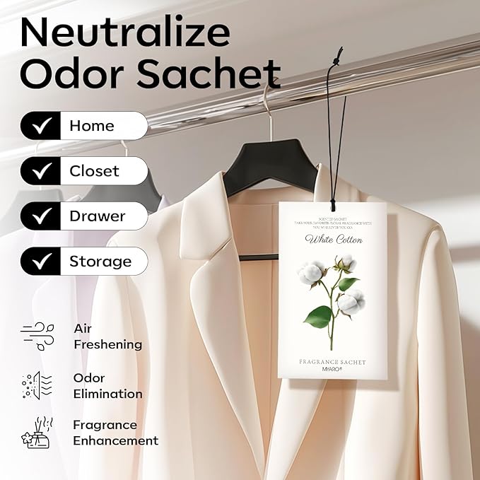 MYARO 12 Packs Scent Sachets for Closet Clothes Storage - White Cotton Fragrance Long Lasting Home Air Freshener Odor Deodorizer