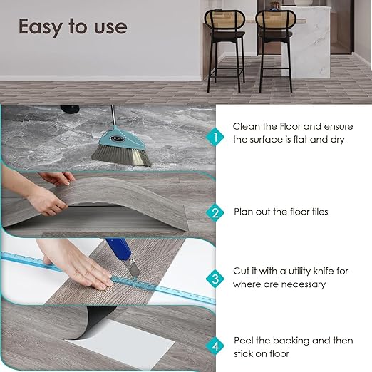 MULGREAT Peel and Stick Floor Tile, 18 Sq.Ft Self Adhesive Vinyl Flooring Plank, 12 Pieces Waterproof Heavy Duty Wood Grain Tiles, 36"x6" DIY Planks for Laundry Kitchen Apartment Home, Soft Grey