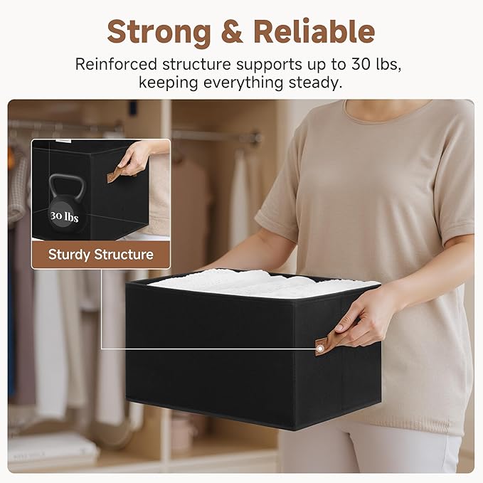 StorageWorks Storage Baskets for Shelves, Foldable Fabric Closet Storage Bins with Handles, Clothes Organizer Laundry Baskets, Black, 3-Pack, Large