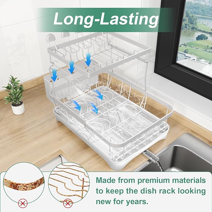 HOMEAILIE Dish Drying Rack, Two-Tier Dish Drying Rack with Utensil Holder and Cutlery Tray – Auto-Draining Large Capacity Dish Drainer with Drainboard for Kitchen Counter, White