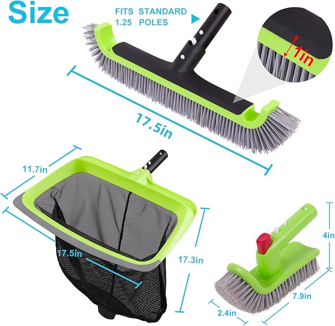 Sepetrel Deluxe Swimming Pool Cleaning Kit Including Rubber Edge Skimmer Net,17.5" Pool Brush Head & Hand Scrub Brush(NO Pole)