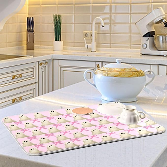 Halloween Ghost Bow Dish Drying Mat for Kitchen Countertop 18x24 Pink Bowknot Spooky Large Drying Mat Reusable Quick Dry Dish Sink Mats Easy Clean Decorative Essentials
