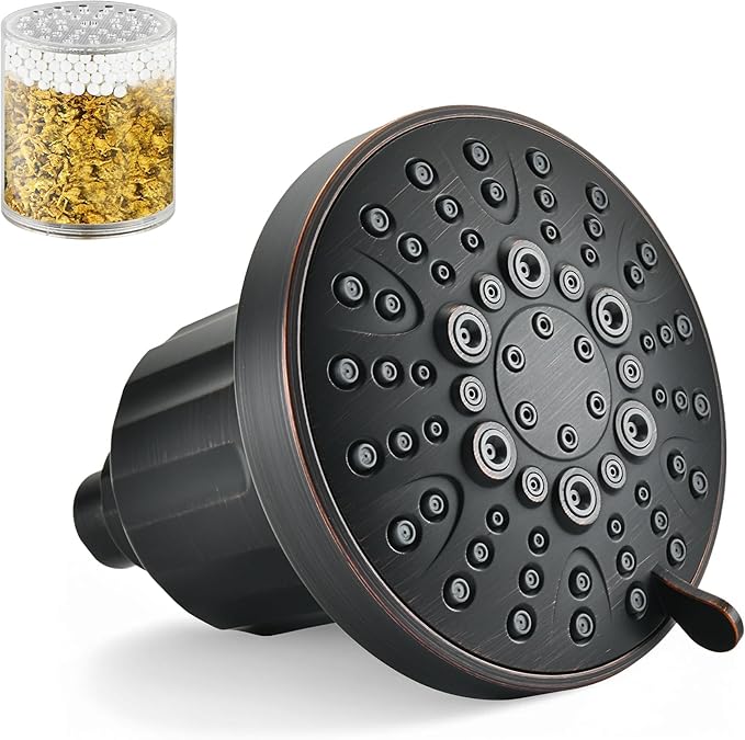 BRIGHT SHOWERS Filtered Shower Head, High Pressure Fixed Showerhead for Hard Water, Dual-Media Filter Removes Chlorine & Impurities, 8 Spray Modes, Oil Rubbed Bronze