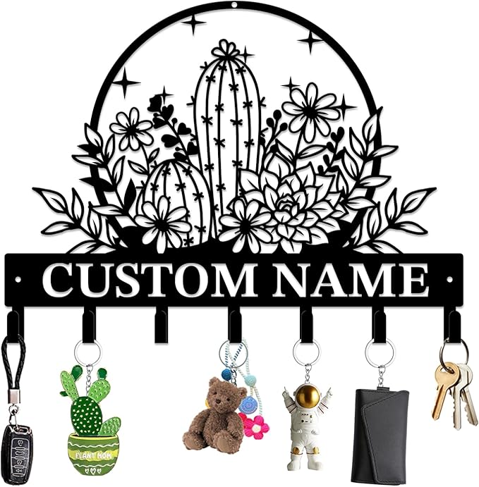 Personalized Custom Name Cactus Wall Keys Hooks,Metal Cactus Art Clothes Hooks,Metal Cactus Lover Wall Home Storage Decorative,For Front Door, Hallway, Kitchen, Bedroom,Keys,Hats (Style A)