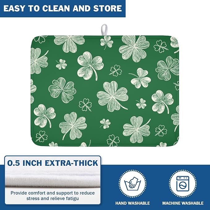 ABSOP St Patrick's Day Dish Drying Mat 18 x 24 Inch Green Shamrock Dish Drainer Rack Mat Absorbent Microfiber Mats for Spring Lucky Clovers Dish Pad for Kitchen Coffee Bar Decor