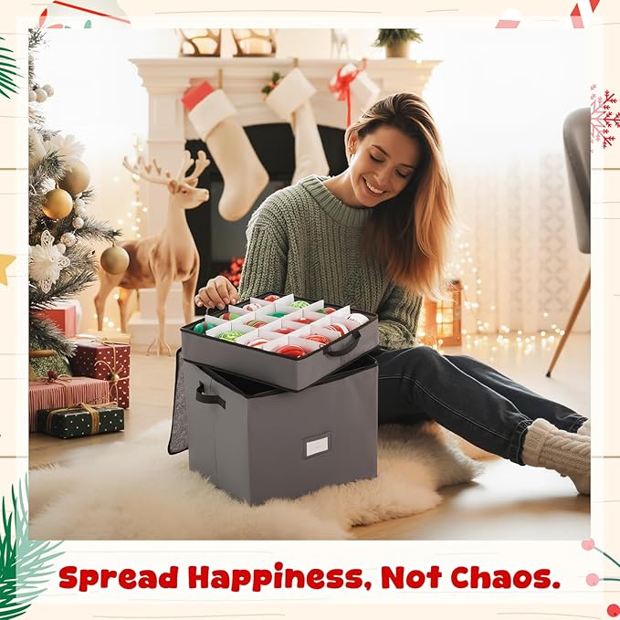 Pinkunn 64pcs 4in Christmas Ornament Storage Box with Dividers Tray Stores Holiday Ornament, Adjustable Dividers, Double Zipper, Label Slot, Two Handles Storage Container Box Keeps Xmas Decor(Grey)