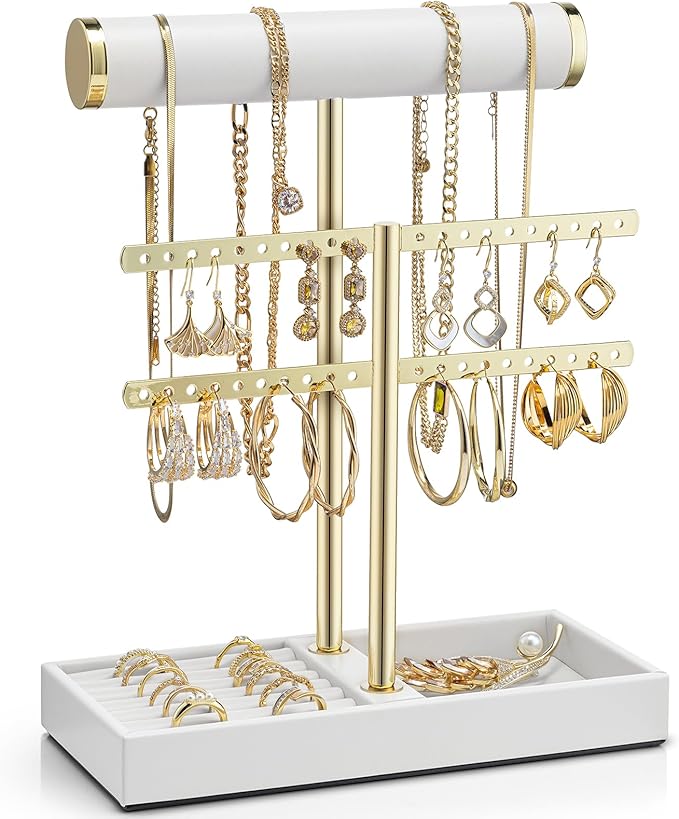 Vlando 2 Tier Necklace Holder Organizer with Tray, Leather Bracelet Holder Display for Women, Gold Jewelry Holder Stand for Bracelet, Necklace, Earrings, Rings - White