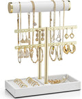 Vlando 2 Tier Necklace Holder Organizer with Tray, Leather Bracelet Holder Display for Women, Gold Jewelry Holder Stand for Bracelet, Necklace, Earrings, Rings - White