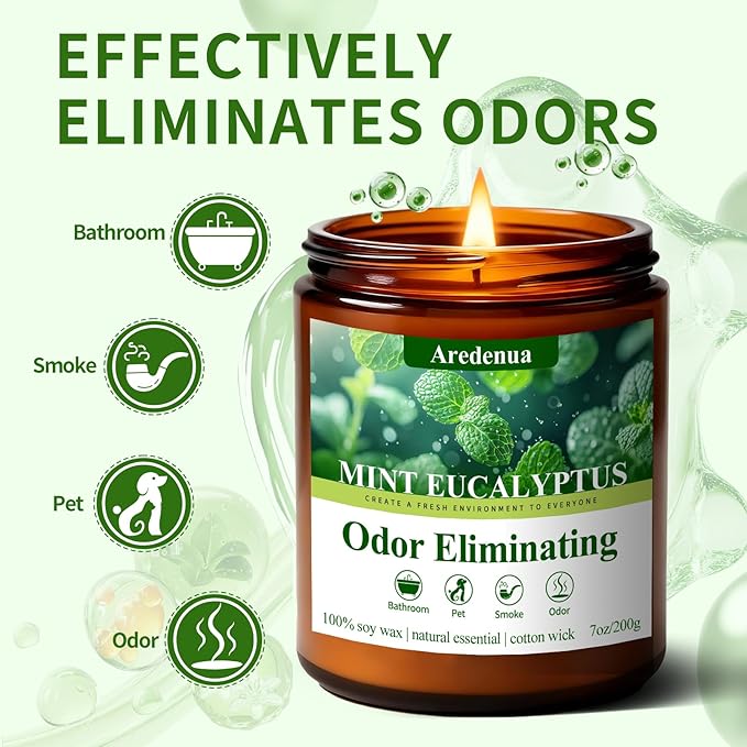 Mint Eucalyptus Odor Eliminating Candles | Eliminates 95% of Pet, Smoke & Bathroom Odors – 7 oz Hand Poured Non-Toxic Soy Candle - Air Freshing Scented Candles - Stress Relief Gifts for Women Men