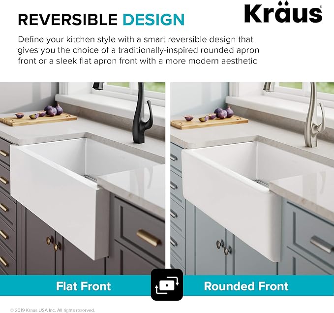 KRAUS KFR1-33GWH Turino Reversible 33-inch Fireclay Farmhouse Flat Apron Front Single Bowl Kitchen Sink with Bottom Grid in Gloss White