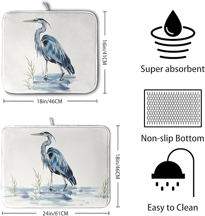 Kwlegh Summer Dish Drying Mat Blue White Heron Beach Absorbent Microfiber Drying Mats for Kitchen Counter Coastal Nautical Birds Dishes Drainer Mat Extra Large 18x24 Inch