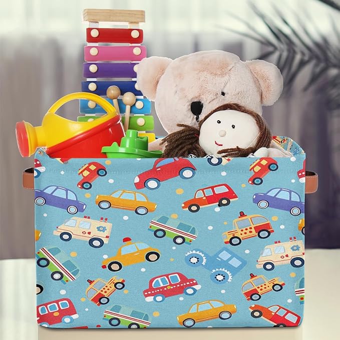 Cartoon Cars Storage Basket for Shelves, Storage Bins with Handles, Collapsible Basket for Organizing, Closet Toy Baskets for Nursery Room, 15x11x9.5 in, Canvas, Cute Cars Trucks