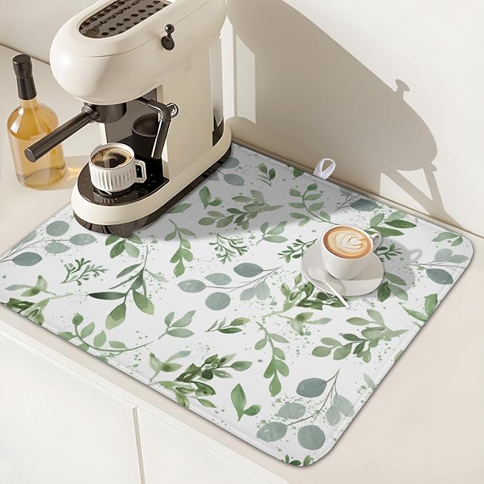 ABSOP Spring Summer Sage Green Leaves Dish Drying Mat 18 x 24 Inch Spring Eucalyptus Leaf Dish Drainer Rack Mat Absorbent Microfiber for Holiday Kitchen Coffee Dining Bar Decor