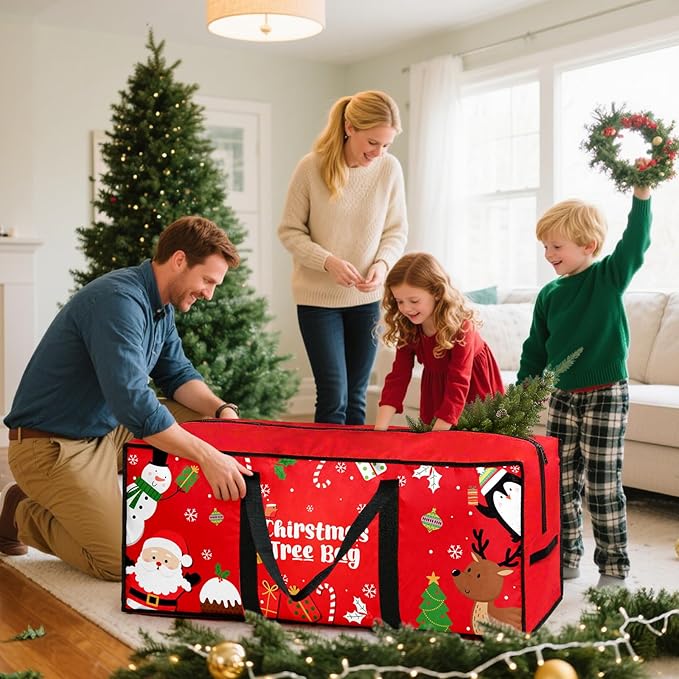 Christmas Tree Storage Bag, Fits Up 7.5 Ft Christmas Tree Durable 600D Oxford Holiday Storage Container with Wide Opening Dual Zippers (Snowman Penguin)