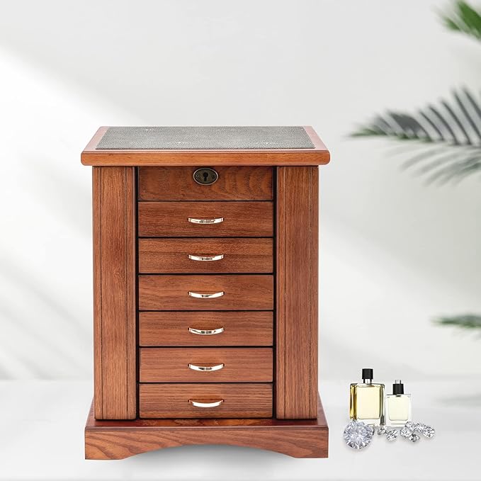 7 Layers +2 Swing-Out Jewelry Box,Jewelry Cabinet Organizer,Watch Storage Boxes,Rings Necklaces Organizer with Side Doors,6 Pull-Out Drawer,Mirror,Lock,Walnut (Walnut)