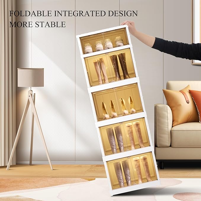 5-Tier Foldable Shoe Rack Organizer for Closet 10Pairs Plastic Collapsible Shoes Storage Box Clear Shoe Boxes Stackable with Door Easy Assembly Shoe Cabinet Bins with Lids Large