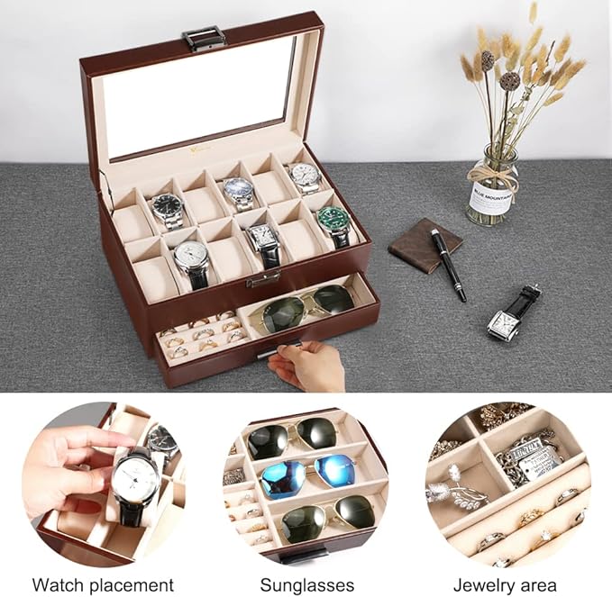 Voova Jewelry Box Watch Boxes Organizer for Men Women, 2 Layer Large 12 Slot PU Leather Watch Storage Case, Glass Top Jewelry Display Holder for Watches Sunglasses Rings Necklaces Bracelets (Brown)