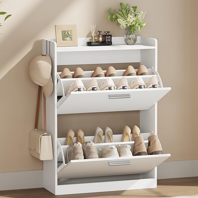 Shoe Cabinet Organizer with 2 Flip Drawers & 2-Tier Adjustable Shelves, Freestanding Shoe Rack Cabinet, Narrow Shoe Storage for Entryway, Foyer, Hallway, White, 23.6" W × 9.4" D × 33.1" H