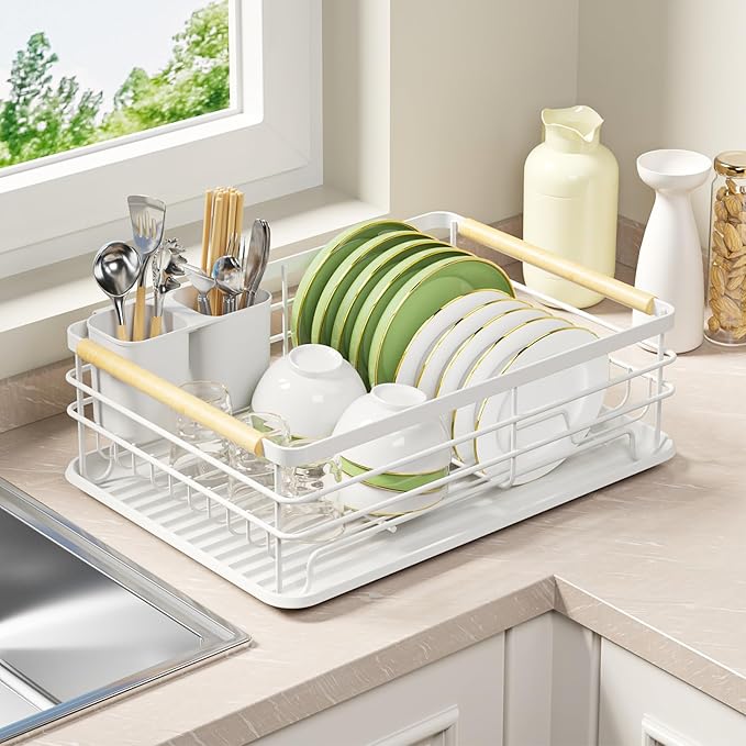 jouzevic Dish Racks for Kitchen Counter: Wooden Handles, Thickened Metal, No Assembly. Small Dish Drying Rack: Ideal for Small Households. Drying Rack Kitchen: White