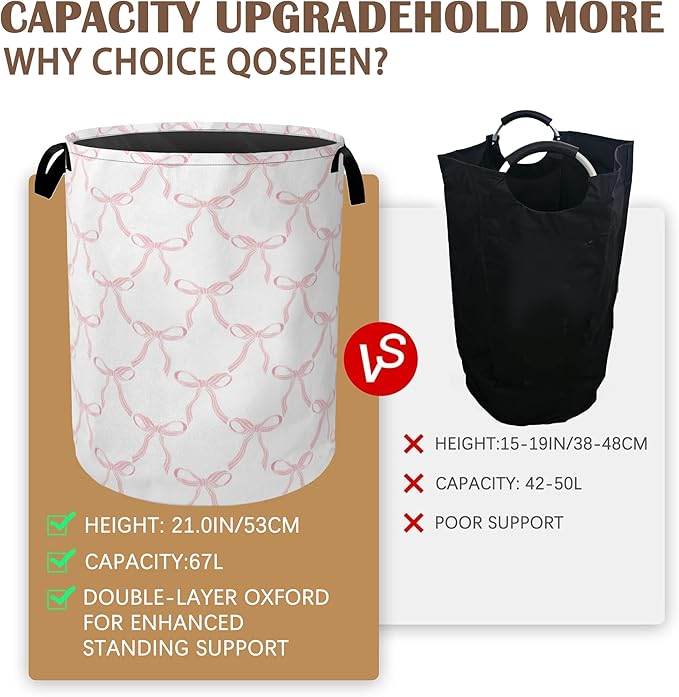 Cute Pink Bows Collapsible Laundry Baskets,Laundry Hamper,Storage Basket with Handles for Bathroom Bedroom College Dormitory Living Room Nursery Organizer 16"x20"