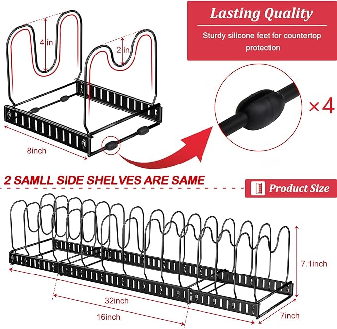 X-cosrack 15 Adjustable Dividers Pot and Pan Organizer Rack, 7" D x 32" W x 7.1" H, 3 in 1, Expandable Lid Bakeware Cupboard Rack Holder for Kitchen Cabinet Pantry Countertop, Black (Patent Pending)